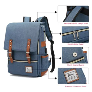 Detailed features of retro canvas laptop backpack including metal zipper and magnet buckle