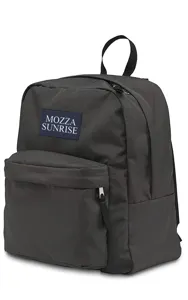 Detailed view of the black lightweight backpack featuring a zippered front pocket and logo