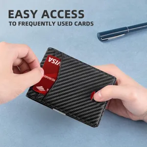 Close-up detail of carbon fiber wallet showing easy access card slot feature