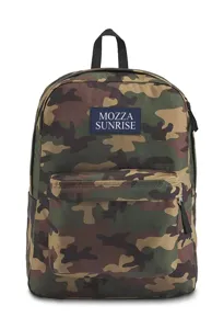 Detailed front view of the camouflage backpack highlighting the Mozza Sunrise label