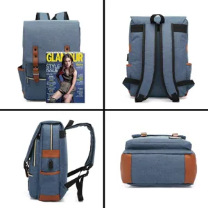 Multi-angle views of a vintage blue canvas laptop backpack with USB port and leather straps