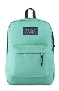 Close-up view of a mint green lightweight backpack featuring the Mozza Sunrise logo