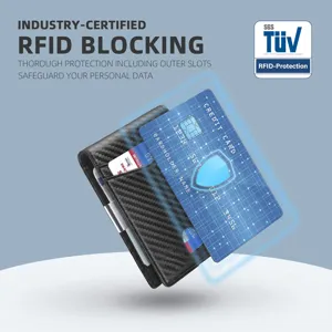 Detailed view of men's carbon fiber wallet showing RFID blocking technology