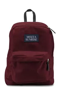 Detail view of maroon canvas backpack with Mozza Sunrise patch
