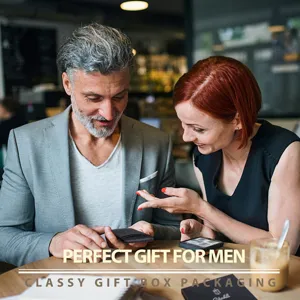 Slim carbon fiber wallet for men presented in a premium lifestyle gift-giving scene.