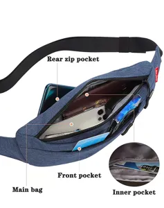 Detail view of ultralight travel waist bag showing multiple functional internal pockets