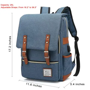 Detailed view of blue canvas laptop backpack showing 25L capacity and 17.2 inch height