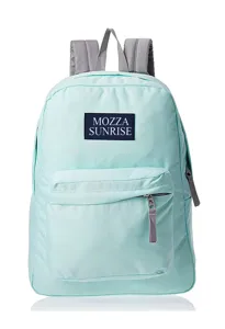Front view of a mint green lightweight school backpack with a zippered front pocket