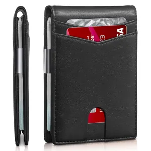 Detailed view of a slim black microfiber leather wallet featuring a money clip and card slots