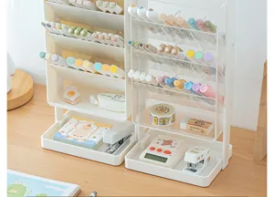 Detailed macro view of a white multi-compartment slanted desk pen organizer
