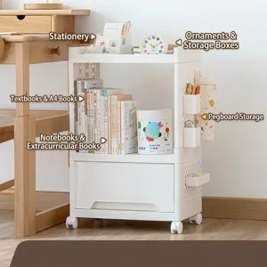 Functional 3-tier white mobile storage trolley with wheels for school supplies and books