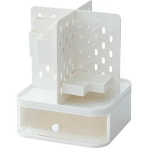 Minimalist desktop pegboard organizer with clear storage drawer for office or vanity