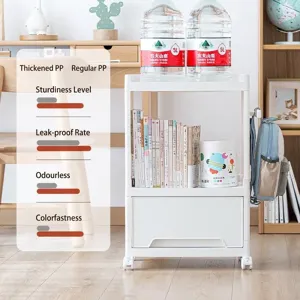 White multi-tier mobile rolling storage cart with hooks and drawer for study room