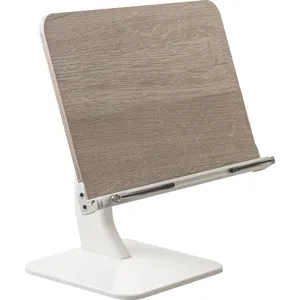 Adjustable desktop reading stand with elegant wood grain panel and white base support