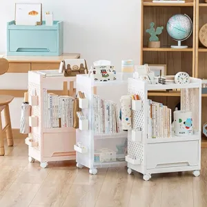 Multi-tier rolling utility cart with wheels and hooks for desk organization