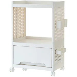 White multi-tier rolling storage cart with drawer and pegboard side organizer