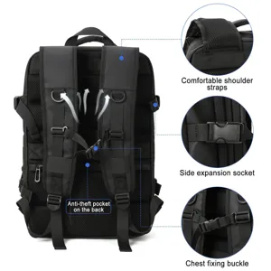 Mochila de viaje negra con correas acolchadas y bolsillo trasero antirrobo