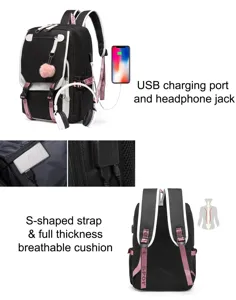 Details des schwarzen Rucksacks mit USB-Ladeanschluss und ergonomischen Gurten