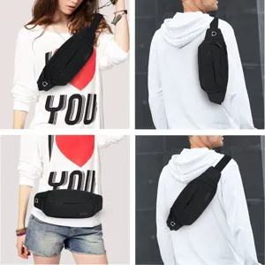 Versatile black sports fanny pack shown on male and female models from multiple angles