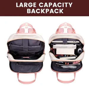 Vista dettagliata dei grandi scomparti interni di uno zaino rosa per laptop