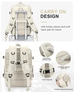 Vista trasera detallada de mochila de viaje beige con manga para maleta y acolchado