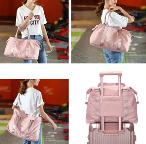 Four-panel collage showing a pink gym duffel bag with model and trolley sleeve feature