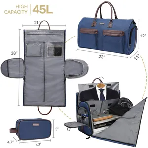Detailed size chart of large capacity blue garment duffel bag showing interior storage.