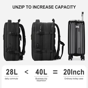 Mochila de viaje grande con capacidad ampliable de 28L a 40L frente a maleta 20 pulgadas