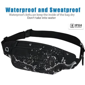 Detailed view of waterproof black sport waist bag with IPX4 splash resistance