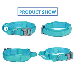 Varias vistas detalladas de un collar táctico para perros de nylon verde azulado duradero