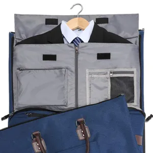 Interior detail of multifunctional travel garment bag with suit storage and pockets