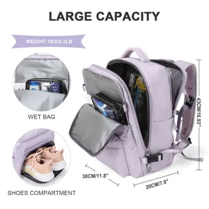 Detailed view of purple travel backpack showing wet bag and shoe compartment dimensions.