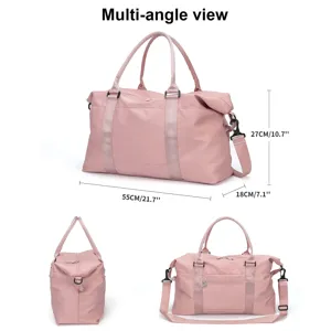 Pink nylon travel duffel bag shown in multi-angle view with dimensions 55 x 27 x 18 cm