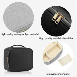Detalle del neceser de maquillaje impermeable en piel Saffiano con cremalleras doradas.