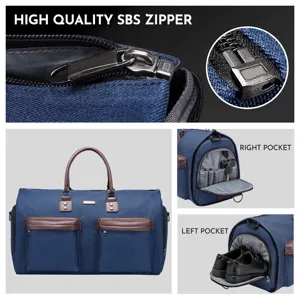 Detail view of blue travel garment bag showing SBS zipper and shoe compartment.