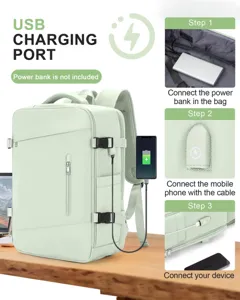 Vista detallada del puerto de carga USB integrado en la mochila de viaje verde menta.