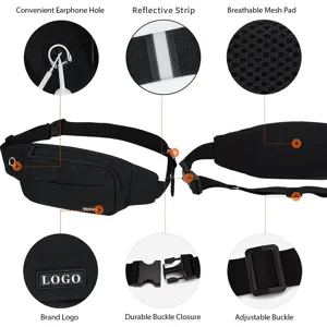 Detail view of sports waist bag features like earphone hole and breathable mesh.