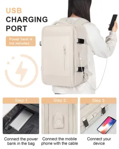 Vista detallada con tres pasos para usar el puerto de carga USB integrado en la mochila.