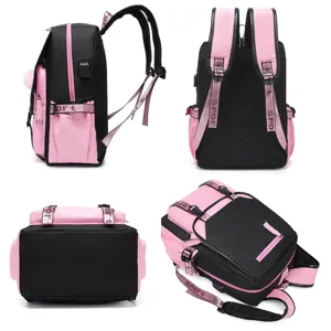 Detaillierte Mehrwinkelansichten eines modischen pink-schwarzen Schüler-Rucksacks