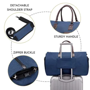 Detailed views of detachable strap, sturdy handle, and zipper buckle on travel bag.