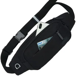 Detail showing the spacious compartment of black waist bag with phone and card