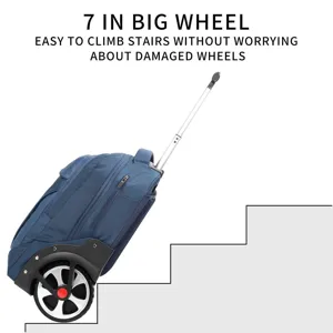 Dettaglio zaino trolley blu con ruota da 7 pollici per salire facilmente le scale