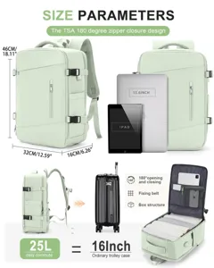 Parámetros de tamaño detallados de mochila de viaje verde menta con 25L y compartimento PC.