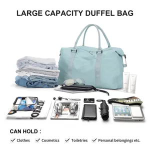 Large capacity duffel bag showing travel essentials like clothes and electronics