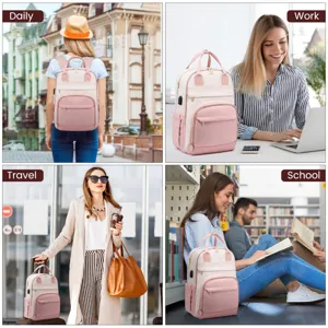 Quattro scene di vita con zaino rosa per laptop da donna per viaggi, scuola e lavoro