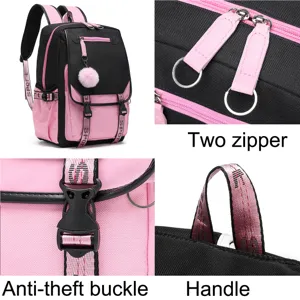 Detailansichten von Reißverschlüssen, Schnalle und Griff an rosa Studentenrucksack