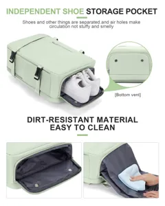 Detalle de mochila de viaje con compartimento para zapatos y material fácil de limpiar