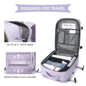 Detailed view of lavender travel backpack showing laptop sleeve and storage capacity