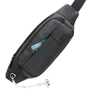 Close-up of gray sports chest bag featuring earphone port and front card pocket detail.