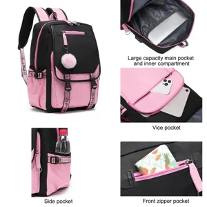 Detaillierte Ansicht des pink-schwarzen Schulrucksacks mit Laptopfach und vielen Taschen